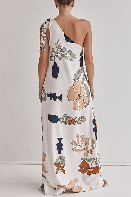 Dam Maxiklänning Asymmetrisk Blommönster Bomull Polyester Sommar-4