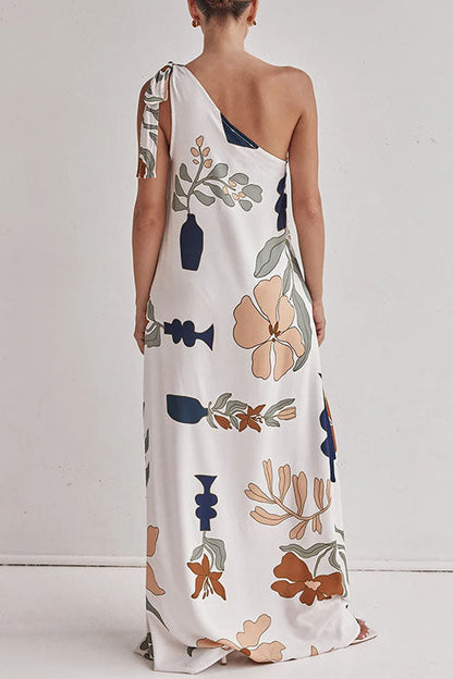 Dam Maxiklänning Asymmetrisk Blommönster Bomull Polyester Sommar-4