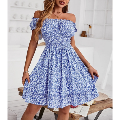 Kvinnors Midi Klänning Off-Shoulder Blommönster Polyester-3