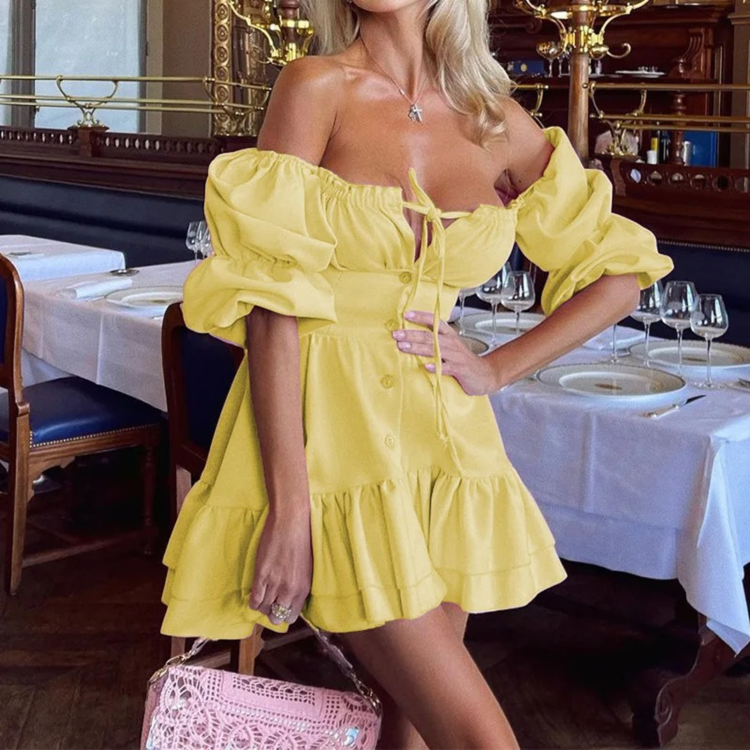 Variant image for Kvinnors Miniklänning Utanför Axeln Puffärmar Polyester-1