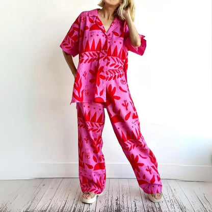 Dam Tvådelad Sats Blommig Polyester Löst Sittande Skjorta och Vida Byxor-4