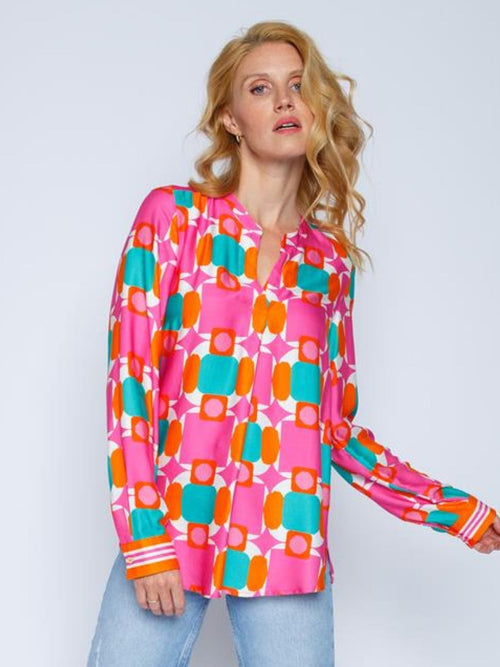 Blus Dam Geometrisk Design Viskos Satin Avslappnad Snitt-1