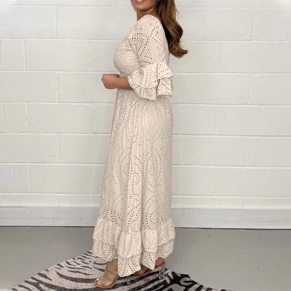 Dam Midi Klänning Broderade Anglaise Ruffles Högkvalitativt Tyg 4
