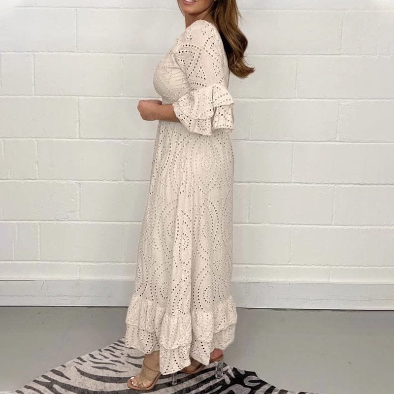 Dam Klänning Midi Anglaise med Ruffles Mjukt Tyg-3