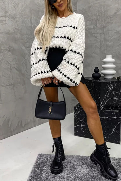 Dam Stickad Chunky Tröja med Lykta Ärmar i Färgblockad Design-3