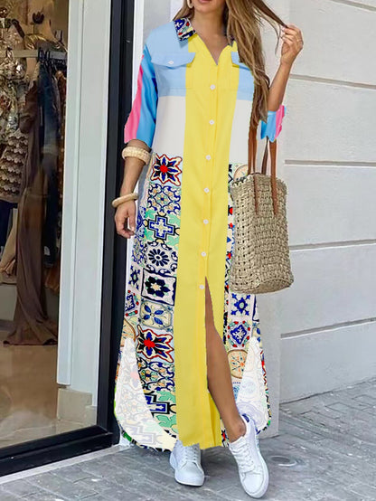 Dam Långärmad Klänning Abstrakt Blommönster Polyester Midi Långklänning Fest-2