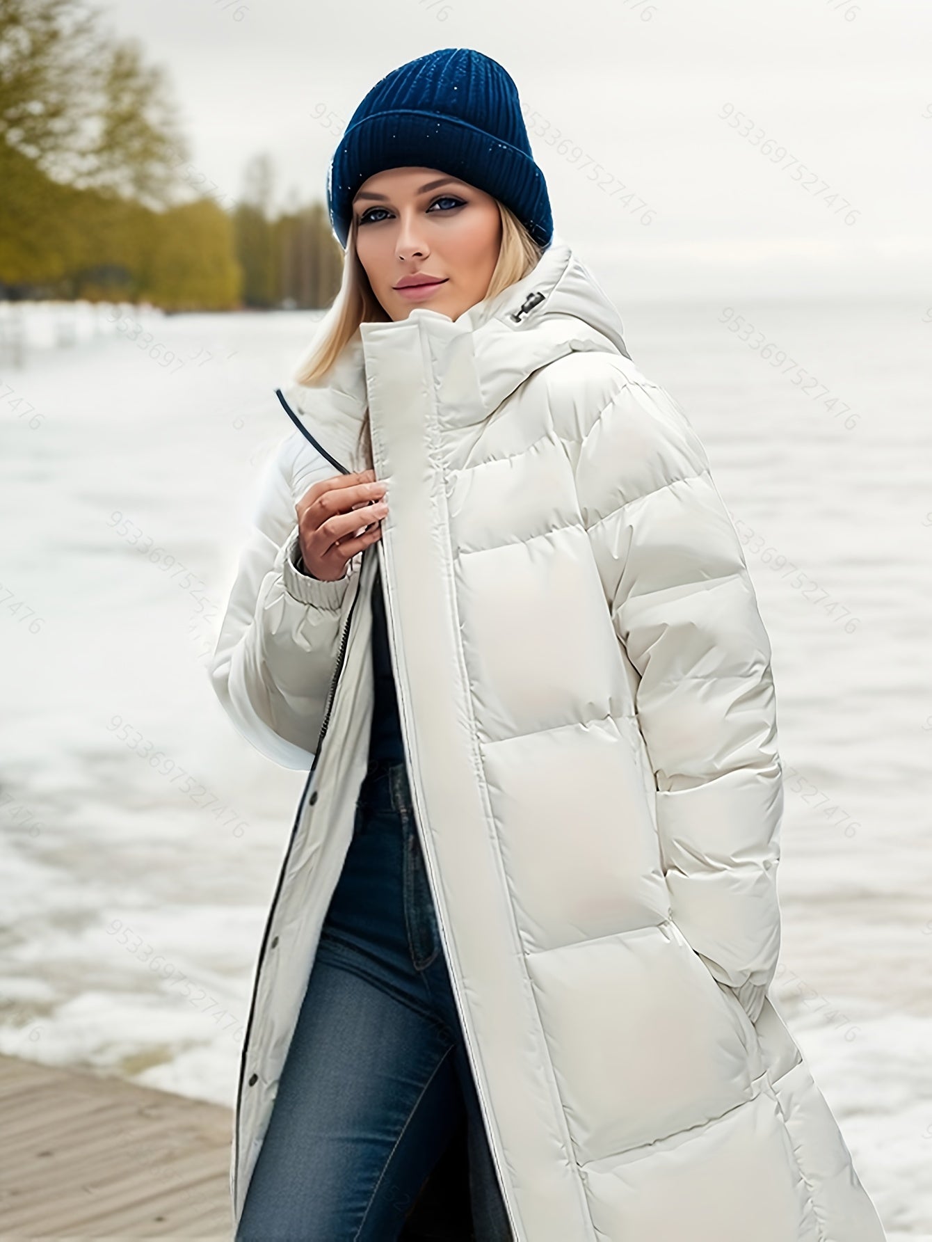 Lång Vinterrock Dam Med Huva Högkvalitativ Polyester-3
