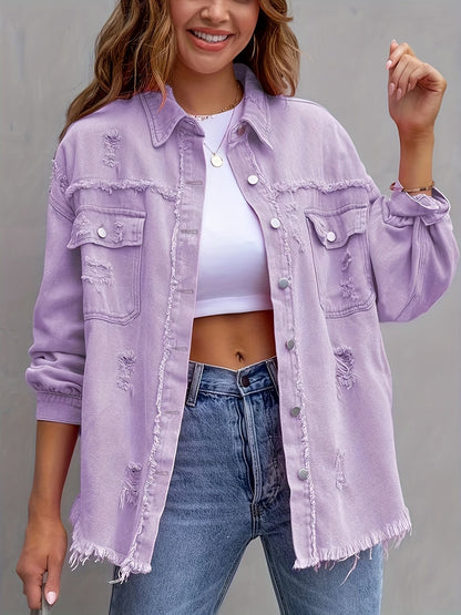 Överdimensionerad Denimjacka Damer Rippade Detaljer Högkvalitativ Denim 4