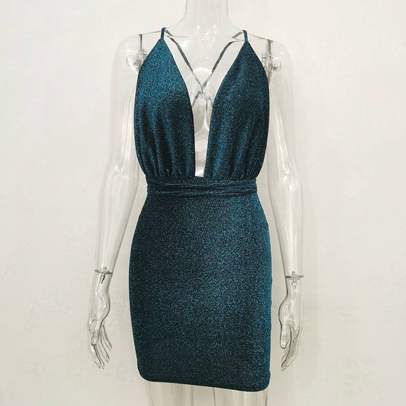 Kvinnors Mini Klänning Djup V-hals Spandex-4