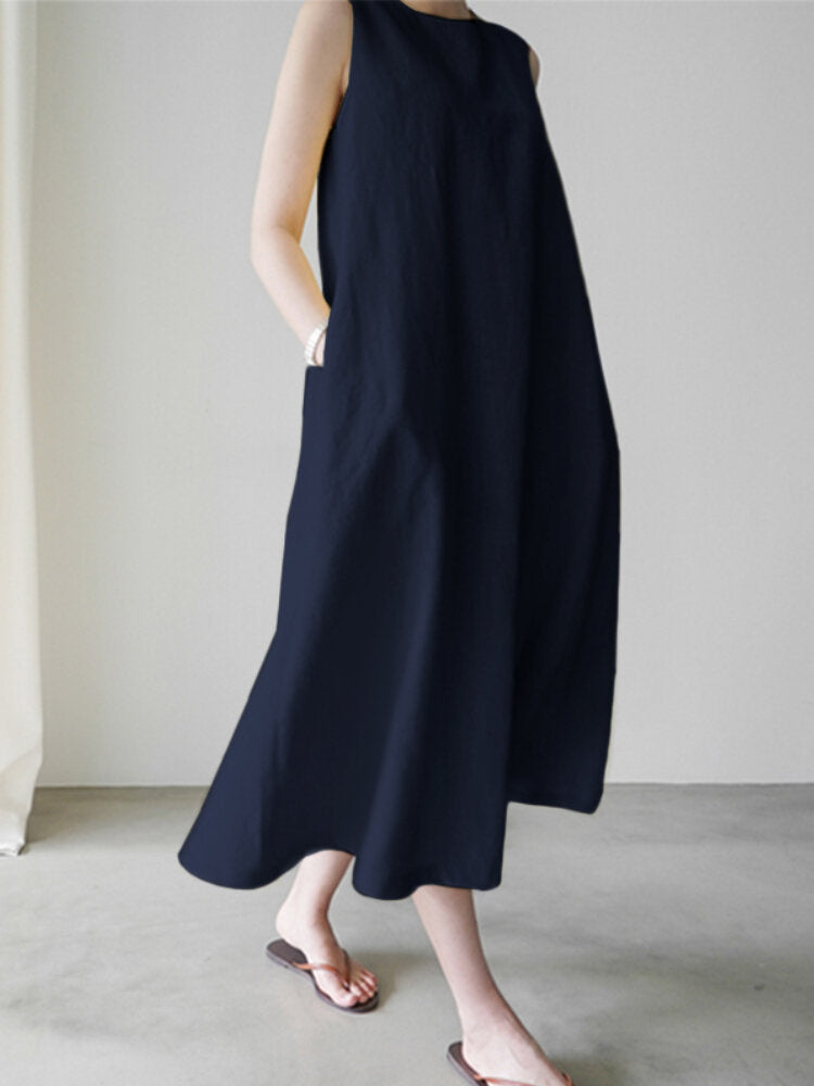 Kvinnors Midi Klänning O-hals Avslappnad Bomull med Fickor-6