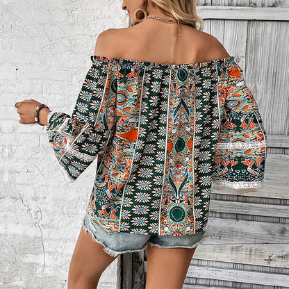 Dam Blus Blommigt Tryck Snörningar Polyester-3