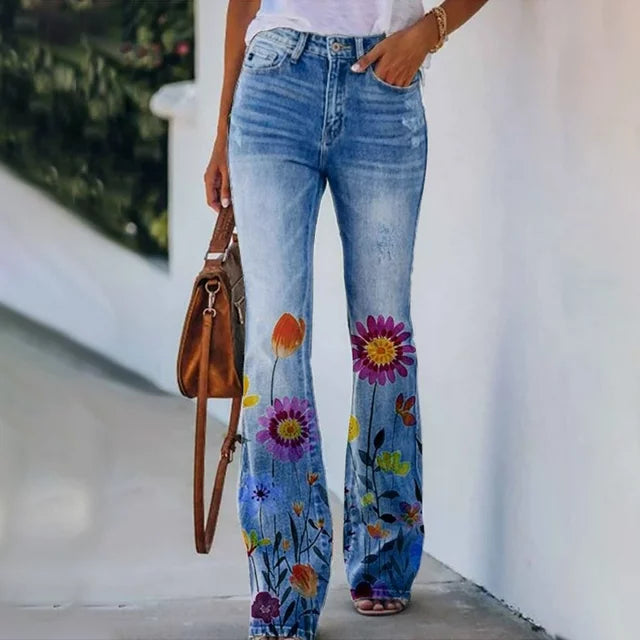 Dam Jeans med Hög Midja Blommönster i Trendig Design-2