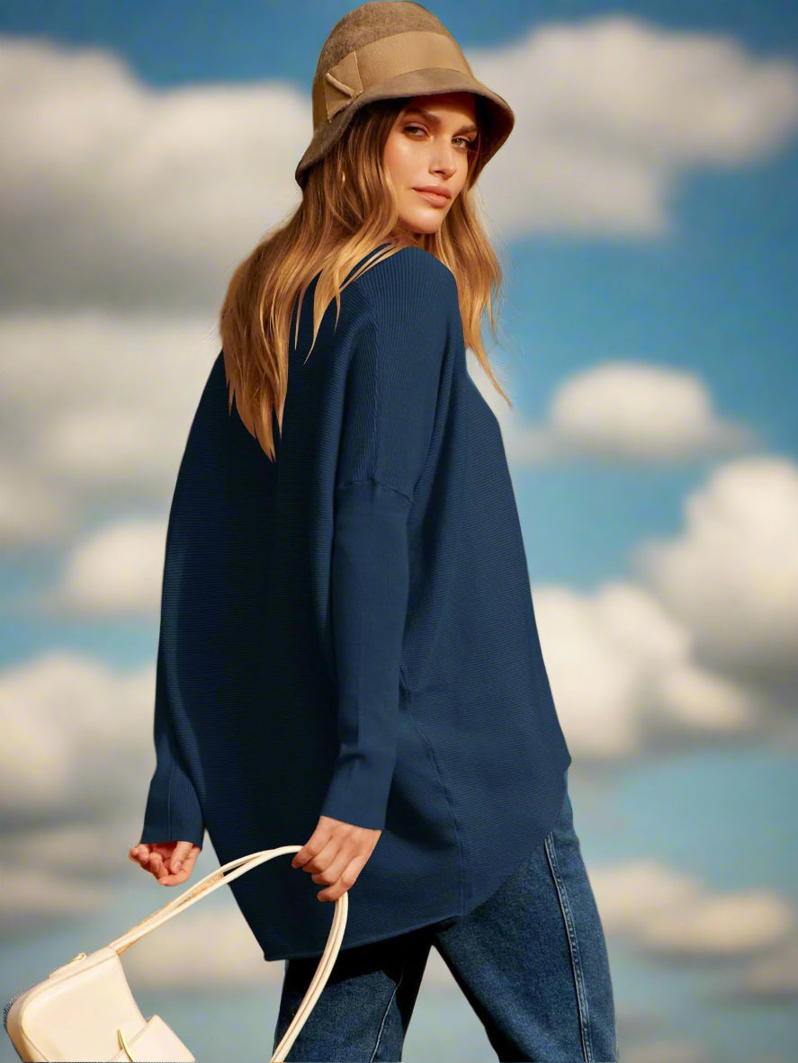 Stickad Dam Tröja Överdimensionerad Ull med Dolmanärmar-4