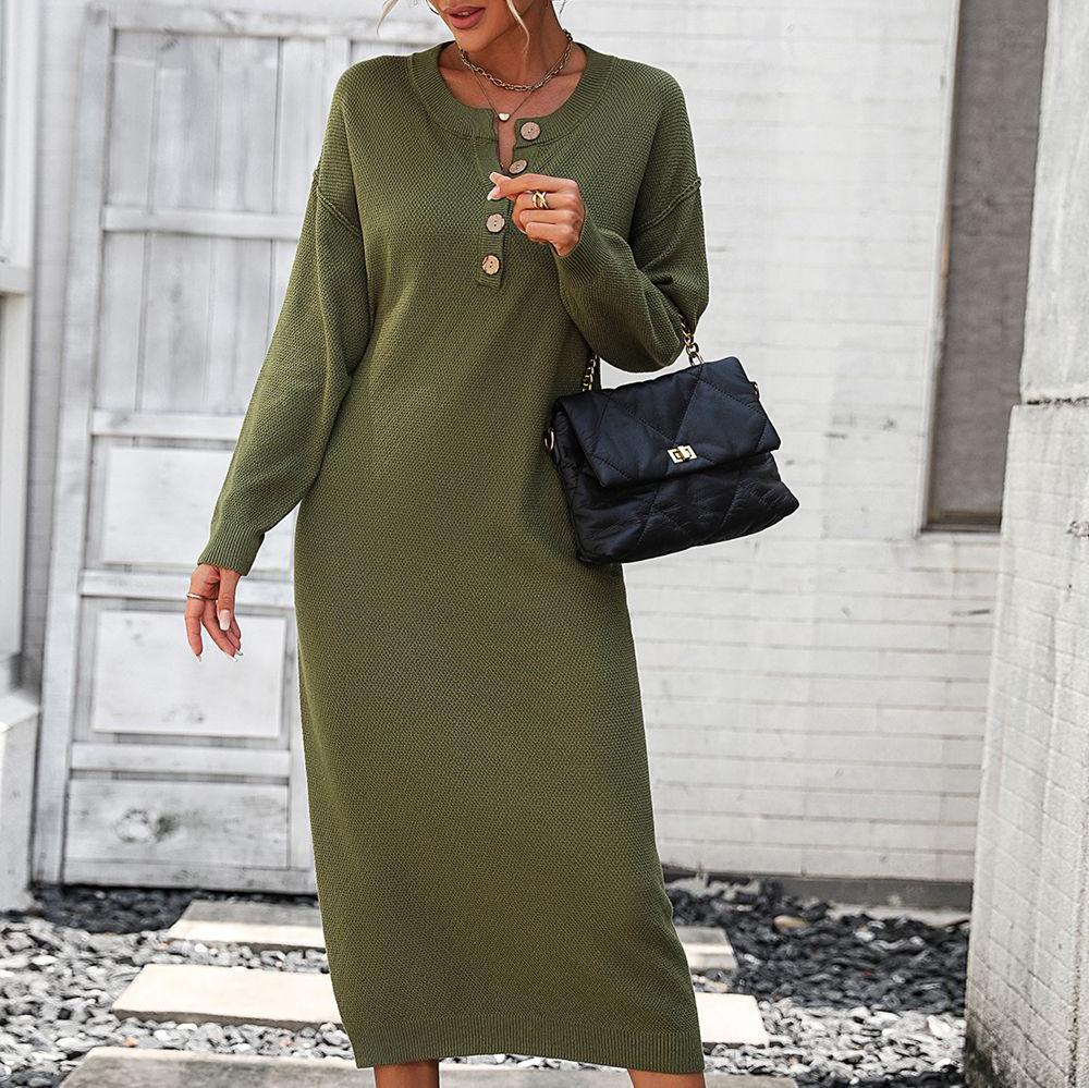 Variant image for Kvinnors Vinterklänning Långärmad Stickad med Knappdetaljer-9