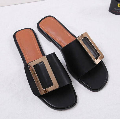 Dam Sandaler Platt Sula med Metall Dekoration i PU och Gummi-1