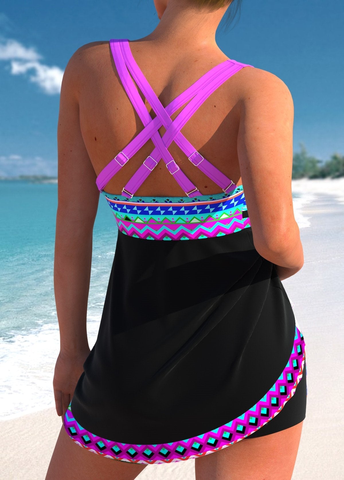 Dam Tankini Set med Bröststöd och Bikinibyxor i Nylon Spandex-3