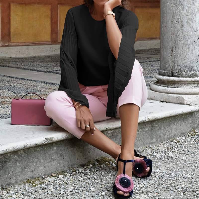 Dam Flare Blus Lång Ärmar Chiffong Polyester-2