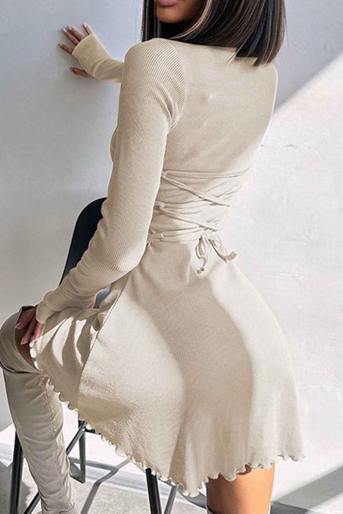 Kvinnors Långärmad Klänning Bakbälte Modern Stil Andningsbart Tyg-5