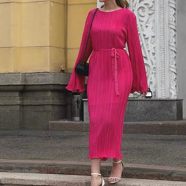 Kvinna Lång Klänning Veckad Polyester-6