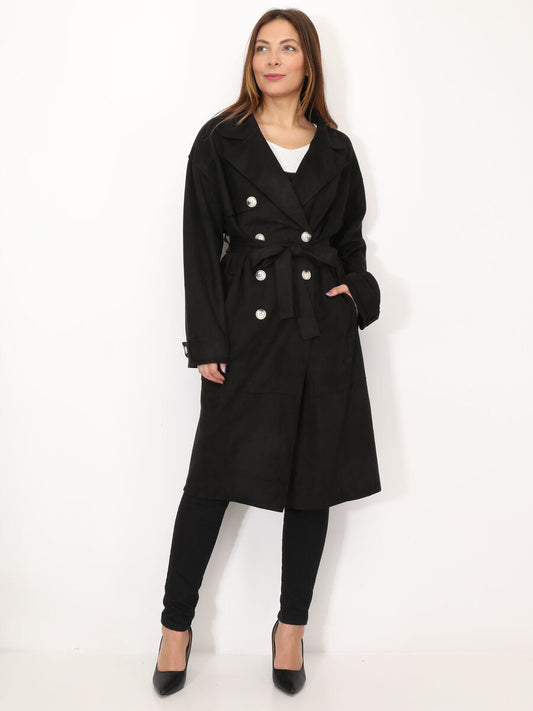 Lång Trenchcoat Dam Klassisk Mocka Vinter Med Justerbart Bälte-1