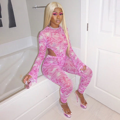 Dam Bodysuit O-hals med Tryckt Mönster i Polyester och Leggings 3