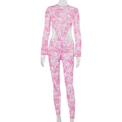 Dam Bodysuit O-hals med Tryckt Mönster i Polyester och Leggings 5
