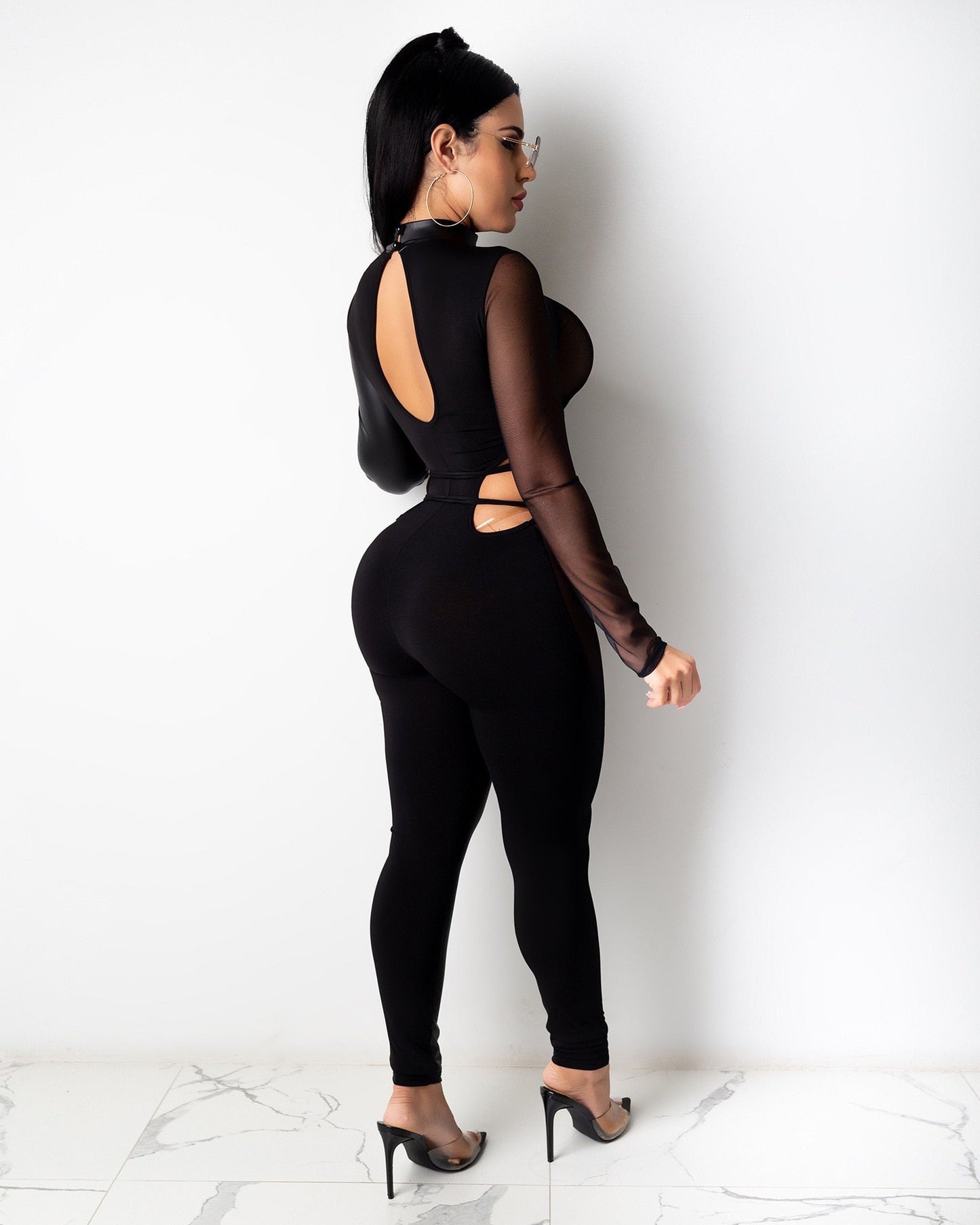 Dam Jumpsuit Transparent Långärmad Polyester Ankel-lång med Patchworkdetaljer-5