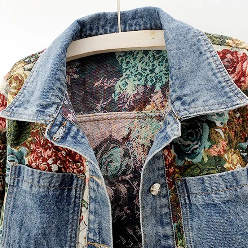 Kvinnors Denimjacka Blommönster Organisk Bomull-3