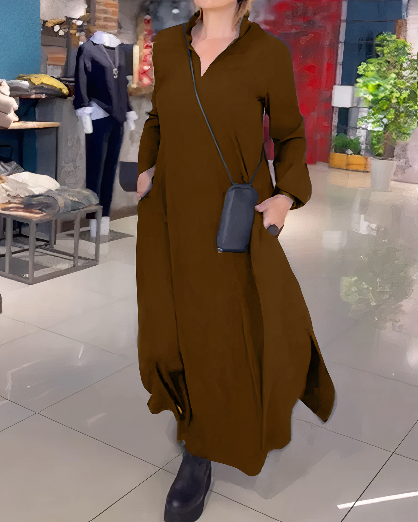 Dam Maxiklänning Långa Ärmar Polyester Elegant Silhuett-6
