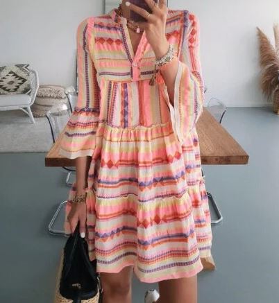 Kvinna Lång Klänning Utsvängda Ärmar Andningsbart Tyg-3