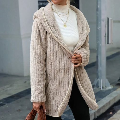 Dam Lång Kofta Knapplös Plysch Rymlig Passform-1