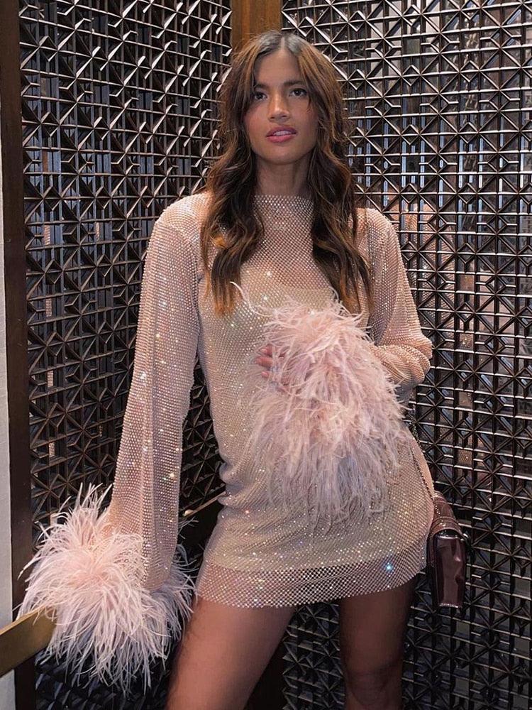 Kvinnors Paljettklänning med Fjädrade Ärmar Tyg-2