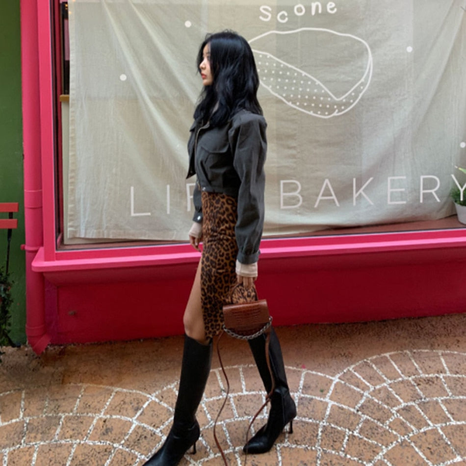 Dam Minikjol Leopardmönster Polyester med Dragkedja-4