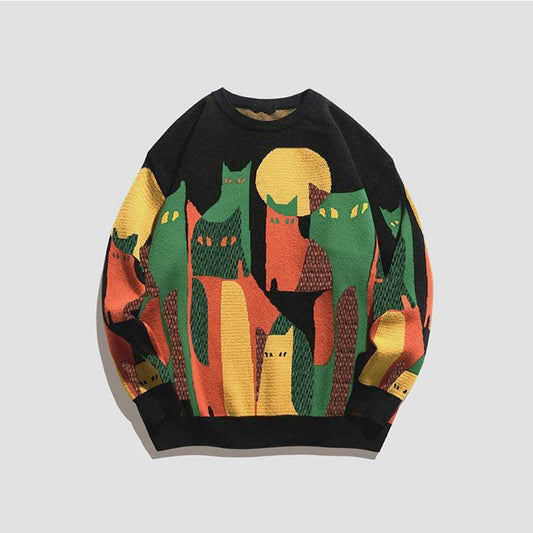 Unisex Tröja Loose Fit Mjuk Bomull med Kattmotiv-1