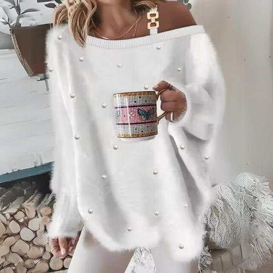 Dam Tröja Avslappnad Passform med Kedja och Pärlor Mjuk Naturmaterial 1