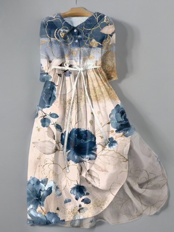 Variant image for Damklänning Vintage Blommor med Slingbälte Luftigt Polyester-1