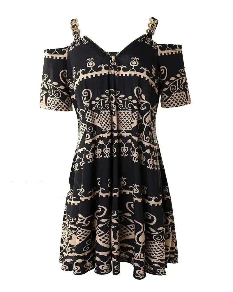 Dam Klänning med Mesh Detaljer och Stamtryck Andningsbart Material-1