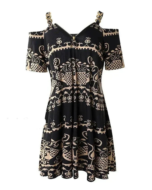 Dam Klänning med Mesh Detaljer och Stamtryck Andningsbart Material-1