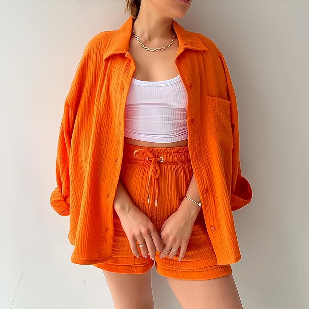 Variant image for Kvinnors Solskyddsskjorta Set Långärmad Topp Polyester Shorts-11