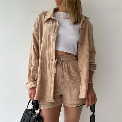 Kvinnors Solskyddsskjorta Set Långärmad Topp Polyester Shorts-1