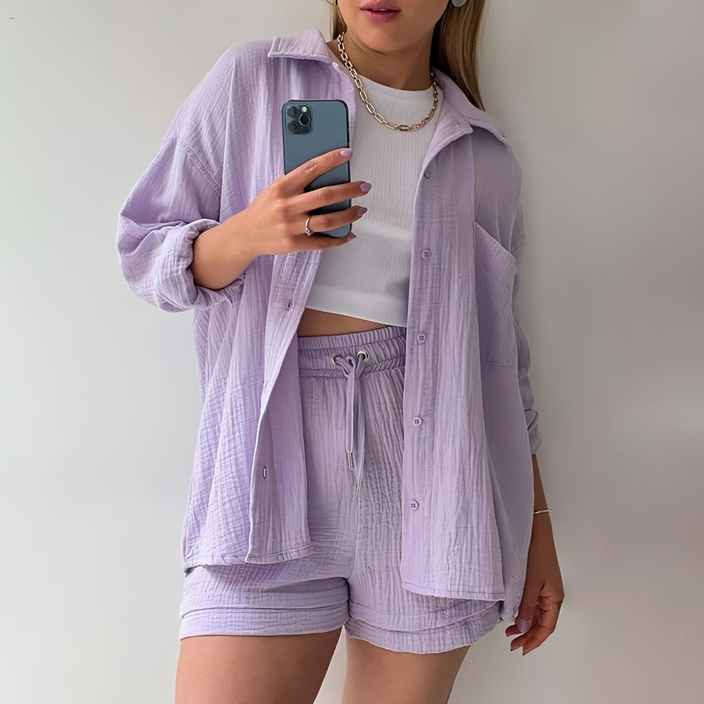 Variant image for Kvinnors Solskyddsskjorta Set Långärmad Topp Polyester Shorts-31