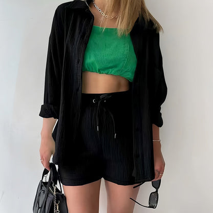 Kvinnors Solskyddsskjorta Set Långärmad Topp Polyester Shorts-4