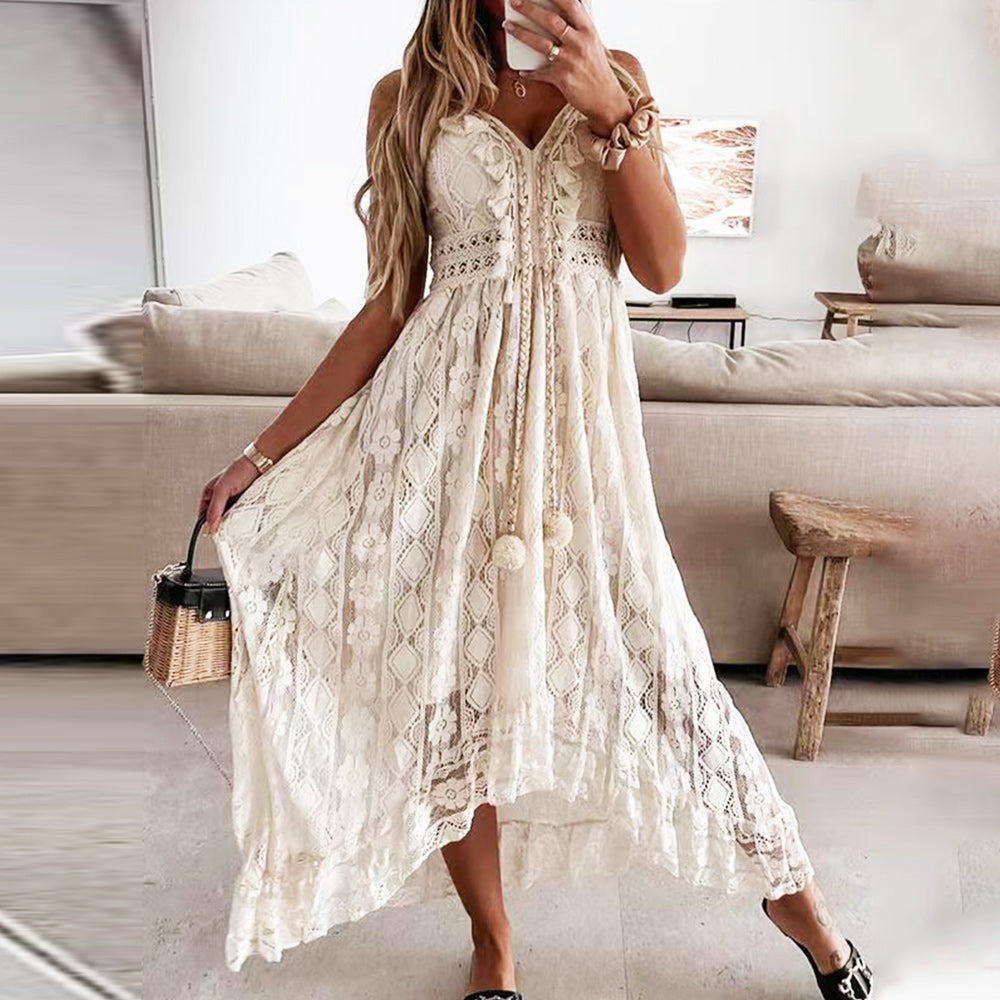 Dam Sommarklänning V-Neck Spets Polyester för Bröllop och Fest-5