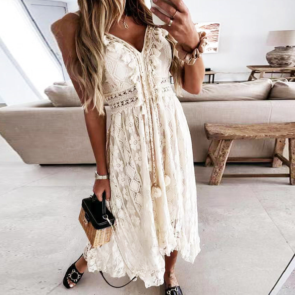 Dam Sommarklänning V-Neck Spets Polyester för Bröllop och Fest-3