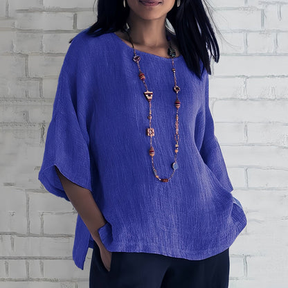 Kvinnors Rund Nackskjorta 3/4 Ärmar Bomull och Linne-5