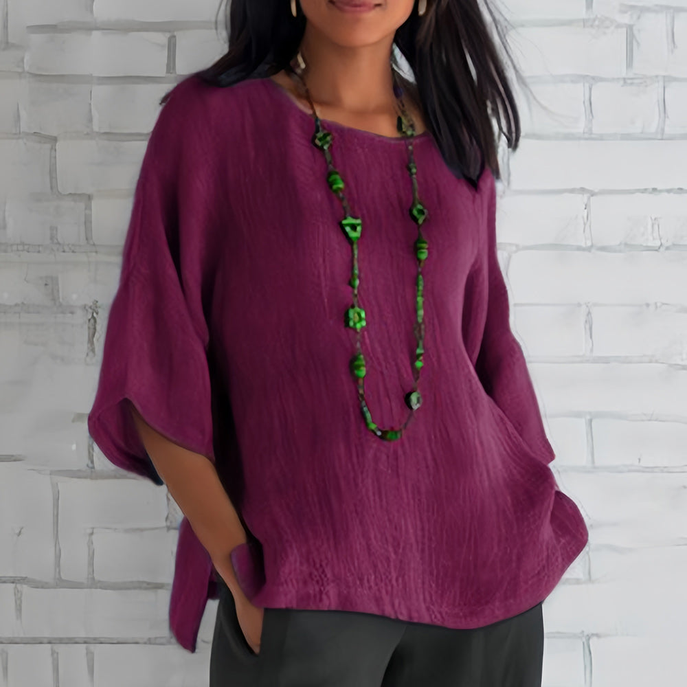 Kvinnors Rund Nackskjorta 3/4 Ärmar Bomull och Linne-6