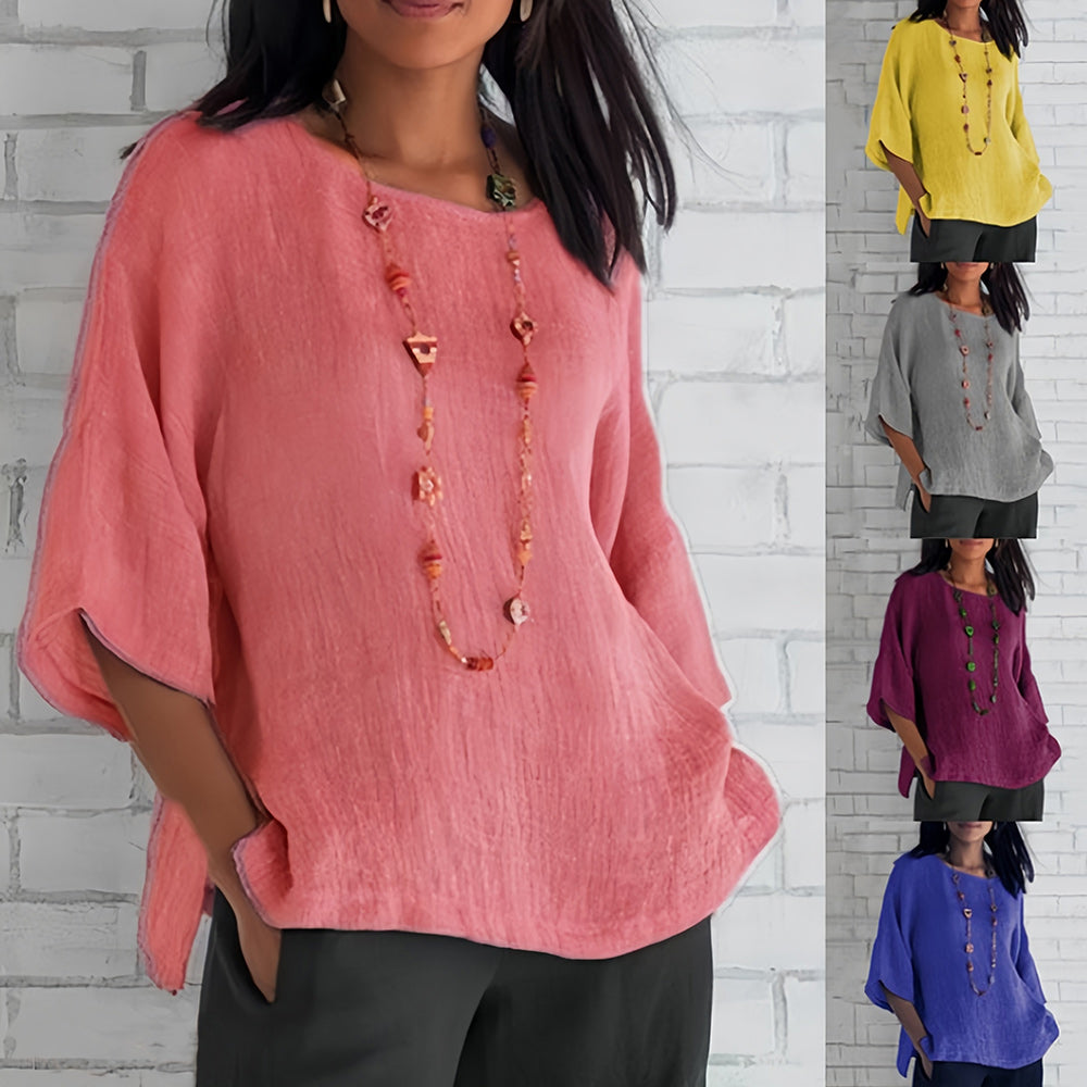 Kvinnors Rund Nackskjorta 3/4 Ärmar Bomull och Linne-2