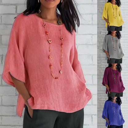 Kvinnors Rund Nackskjorta 3/4 Ärmar Bomull och Linne-2