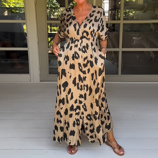 Kvinnoklänning V-Hals Leopardmönster Polyester-1