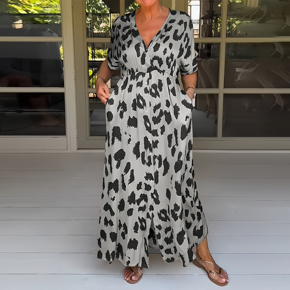 Kvinnoklänning V-Hals Leopardmönster Polyester-5